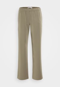 Olijfgroene, lichte broek met elastische tailleband en wijde pijpen, met een gladde textuur en minimalistisch ontwerp.