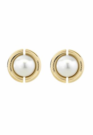 Cercei tip stud rotunzi în ton auriu, cu o perlă falsă albă mare în centru, gravată cu numele brandului Furla pe marginea exterioară.