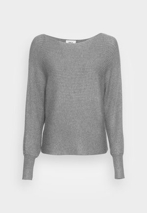 Pilkas raukinis megztinis su ilgomis rankovėmis ir plačiu laivagalio iškirpimu. Pagamintas iš minkštos nėrimo medžiagos su tekstūruotu paviršiumi.