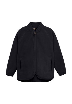 Veste polaire noire à col montant, fermeture éclair sur le devant, manches longues et deux poches avant, présentée sur un fond blanc.