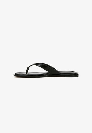 Zwarte leren flip-flopsandalen met een slanke bandontwerp, platte zool en een gladde textuur. Minimalistische stijl zonder versieringen of patronen.