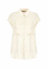 Camicia a maniche corte color crema realizzata con un tessuto leggero. Presenta due tasche sul petto e una chiusura a bottoni con colletto classico.