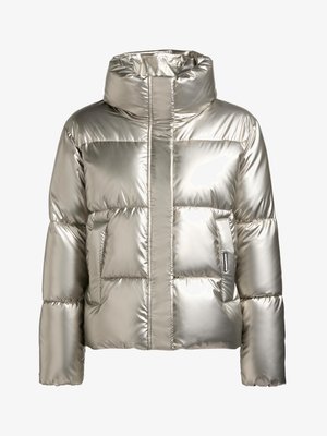 Metallic silver puffer jacket with a high collar, featuring thick quilted sections and a zippered front. Smooth, shiny texture.