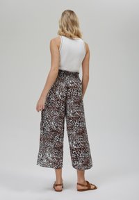 Un débardeur blanc à côtes, un pantalon palazzo imprimé léopard ample avec une taille élastique, associé à des sandales marron sur un fond neutre.