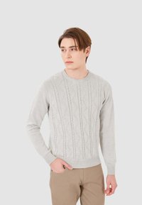 Sweater lavorato a maglia grigio chiaro con un motivo testurizzato caratterizzato da cable in rilievo, scollo tondo e maniche lunghe, abbinato a pantaloni beige.