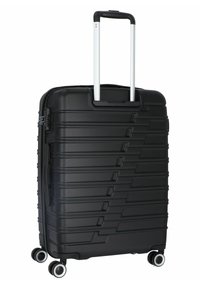 Black hard-shell suitcase with a textured surface, horizontal ridges, retractable silver handle, and four black wheels with white accents.