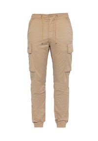 Beige cargobroek van lichtgewicht stof, voorzien van een elastische tailleband, een trekkoordsluiting en zijvakjes.