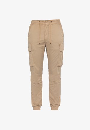 Beige cargobroek van lichtgewicht stof, voorzien van een elastische tailleband, een trekkoordsluiting en zijvakjes.