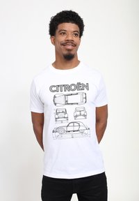 Weißes Baumwoll-T-Shirt mit schwarzen Konturbildern von Citroën-Autos und dem Text "CITROEN". Kurzärmlig und mit Rundhalsausschnitt.