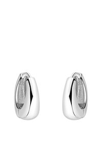 Silver hoops örhängen med en polerad yta och texturerad insida, som har en elegant, böjd design och säker gångjärnslåsing.