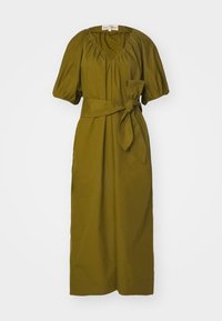 Olivově zelené šaty s výstřihem do V, krátkými nafouknutými rukávy, nařaseným pasem a opaskem na uvázání. Vyrobené z hladkého materiálu s uvolněným střihem.