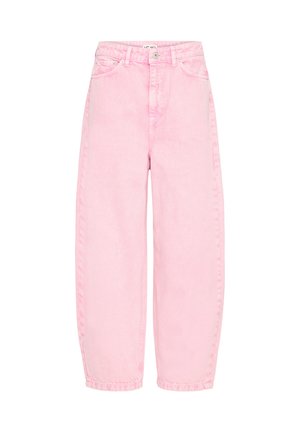 Jean en denim rose taille haute avec jambes larges, fermeture à bouton et fermeture éclair à l'avant, passants pour ceinture et poches avant.