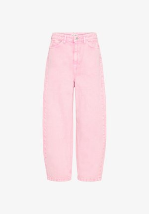 Augsta vidukļa rozā auduma džinsi ar platajām kājām, priekšējo pogu un rāvējslēdzēja aizdari, jostas cilpām un priekšējām kabatām.