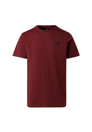 T-shirt à manches courtes couleur bordeaux avec un petit logo noir "The North Face" sur la poitrine gauche.
