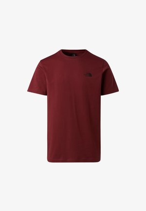 Maroon short-sleeve crew neck T-shirt with small black "The North Face" logo on the left chest.