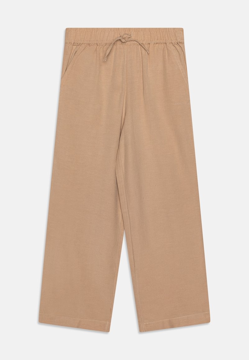 Pantalon beige à jambes larges avec taille élastique et cordon de serrage, doté de poches latérales et d'une coupe décontractée.
