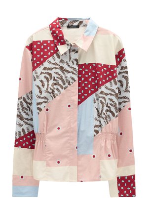 Wielokolorowa koszula zapinana na guziki, wykonana z bawełny, z geometrycznymi wzorami w odcieniach różu, czerwieni, brązu i niebieskiego, z elastycznym pasem i mankietami.