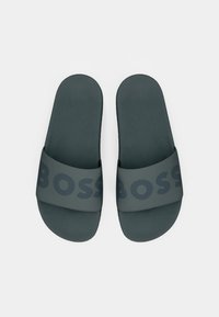 Dark gray slide sandals with a textured footbed and a wide strap displaying the word "BOSS" in a slightly darker shade.