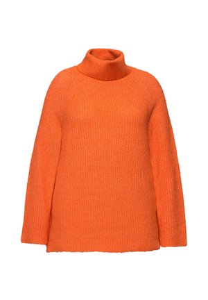 Orange, chunky knit turtleneck sweater with wide raglan sleeves and a relaxed fit. Textured fabric with a ribbed collar.