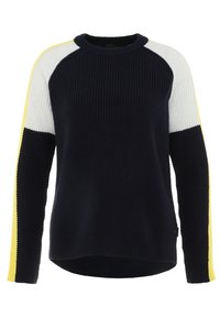 Suéter de punto con cuerpo azul marino, mangas acentuadas en blanco y amarillo, cuello redondo y corte relajado. Patrón de punto texturizado en toda la prenda.