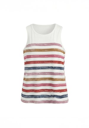 Witte mouwloze top met horizontale penseelstrepen in roze, bruin, rood en marineblauw aan de voorkant.