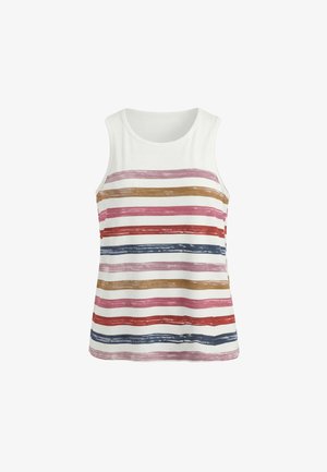 Fehér ujjatlan felső, elöl vízszintes ecsetvonás csíkokkal rózsaszín, barna, piros és tengerészkék színekben.