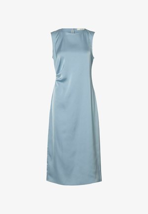 Varrukateta põlvpikkune heleroheline satiinist kleit ümarate kaelusega ja õrna küljedrapeerimisega.
