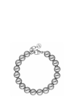 Silver-colored metal beaded bracelet with round beads and a lobster clasp closure with a small circular brand tag.