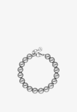 Silver-colored metal beaded bracelet with round beads and a lobster clasp closure with a small circular brand tag.