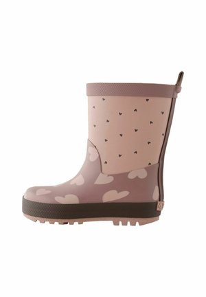 Child's pink rain boot with large and small heart patterns, textured sole, and pull tab at the back.