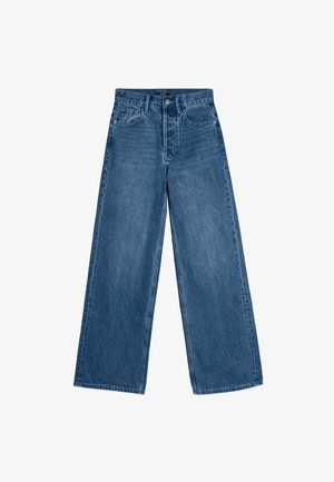 Szerokie niebieskie dżinsy z wysokim stanem, z pięcioma kieszeniami i zapięciem na guziki. Materiał ma średnie zabarwienie z subtelnym blaknięciem.