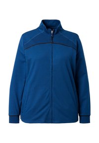 Chaqueta con cremallera azul hecha de tela suave, con cuello alto, costuras negras decorativas y bolsillos laterales. Textura lisa, diseño casual.