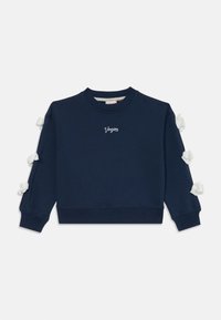 Felpa blu navy con maniche lunghe, presenta dettagli a forma di fiore bianchi sulle maniche e la scritta ricamata "Virgins" sul petto.