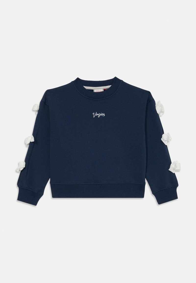 Námornícky modrá mikina s dlhými rukávmi, so bielymi kvetinovými akcentmi na rukávoch a vyšitým textom "Virgins" na hrudi.