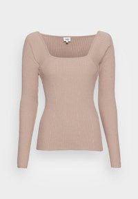 Maglietta a maniche lunghe a coste in beige chiaro con scollo quadrato. Presenta una silhouette aderente e un materiale tessuto, elasticizzato.