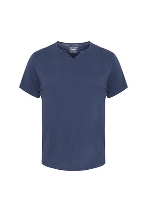 Mørkeblå, kortærmet T-shirt i blødt, let materiale med V-hals og tre dekorative knapper. Glat tekstur, enkel design.