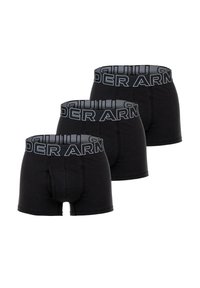 Schwarze Boxer-Briefs aus Baumwollmischung mit einem breiten grauen elastischen Bündchen, das das Logo "UNDER ARMOUR" zeigt; glatte Textur und enganliegendes Design.