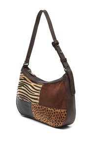 Brązowa skórzana torebka o różnych teksturach: wzór zebry, brązowy zamsz, wzór lamparta oraz akcenty według wzoru krokodyla. W komplecie regulowany pasek.