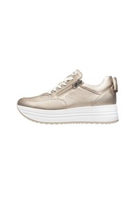 Sneaker metallic beige con una superficie liscia, con lacci frontali, dettagli con zip laterale e una suola bianca stratificata per un'altezza aggiuntiva.
