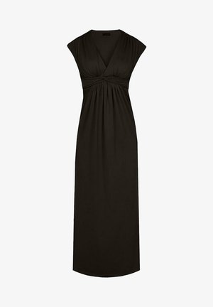 Sort maxi-kjole lavet af glat stof, med dyb V-udskæring, korte ærmer og samlet detaljer under busten. Lige nederkant.