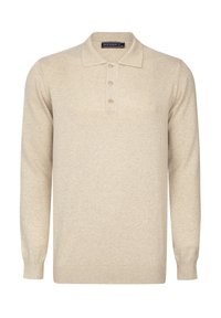 Polo shirt beige a maniche lunghe con colletto, patta con tre bottoni e polsini a costine. Tessuto a maglia morbido con trama sottile.