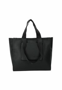Borsa tote nera in pelle con finitura testurizzata, dotata di due manici robusti e una tasca frontale. Forma rettangolare semplice, con dettagli minimi.