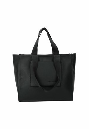Sac fourre-tout en cuir noir avec une finition texturée, doté de deux poignées robustes et d'une poche avant. Forme rectangulaire simple, avec un design minimaliste.
