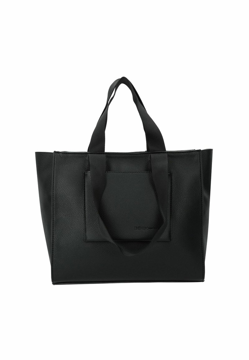 Borsa tote nera in pelle con finitura testurizzata, dotata di due manici robusti e una tasca frontale. Forma rettangolare semplice, con dettagli minimi.
