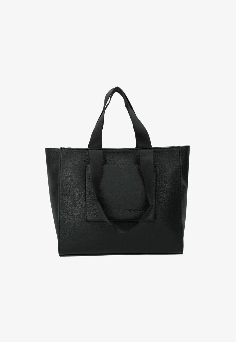 Borsa tote nera in pelle con finitura testurizzata, dotata di due manici robusti e una tasca frontale. Forma rettangolare semplice, con dettagli minimi.