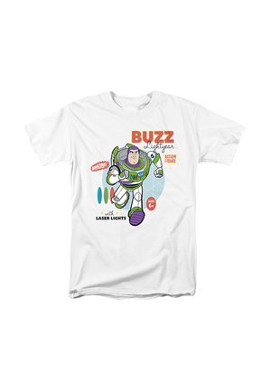 White T-shirt featuring a colorful graphic of Buzz Lightyear, with text "BUZZ Lightyear," action figure details, and vibrant laser light icons.