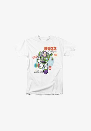 Weißes T-Shirt mit einem bunten Grafikdesign von Buzz Lightyear, mit dem Text "BUZZ Lightyear", Details der Actionfigur und lebhaften Laserlicht-Icons.