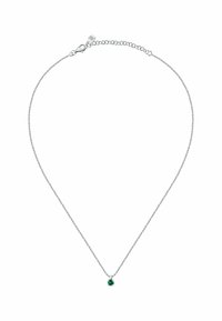 Collana in argento con un singolo pendente di pietra verde, caratterizzato da una superficie liscia e un design semplice e delicato.