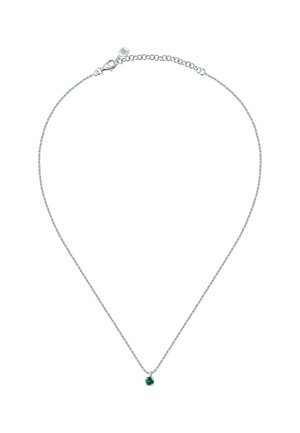 Collana in argento con un singolo pendente di pietra verde, caratterizzato da una superficie liscia e un design semplice e delicato.