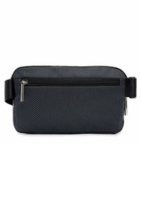 Svart, texturerad tygpås med blixtlåsförslutning och en sidostropp. Har en snygg design och subtilt mönster för extra detaljer.